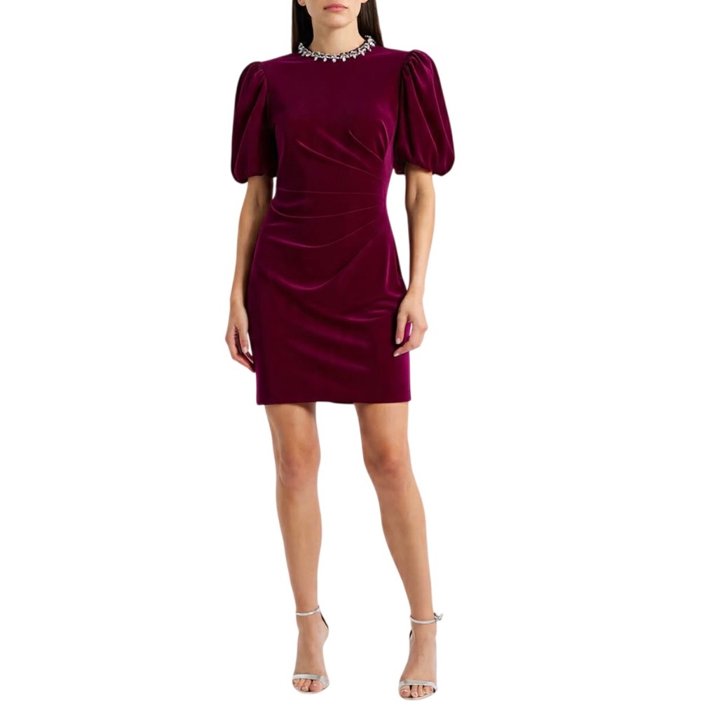 Eliza J Jeweled Neck Red Velvet Dress Puff Sleeve Sheath Size 6